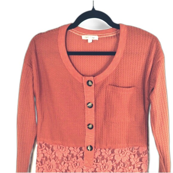 Thermal Top Size S Long Sleeve Henley  Lace Rib Knit Pinky Rust Cottage Y2K Retr - Picture 1 of 11